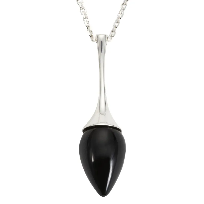 Sterling Silver Whitby Jet  Long Flute Pear Stone Necklace sold by Jura Watches