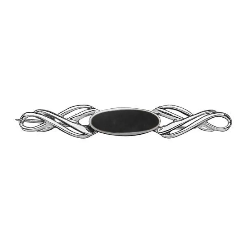 Sterling Silver Whitby Jet Heritage Long Oval Twisted Bar Brooch sold by Jura Watches