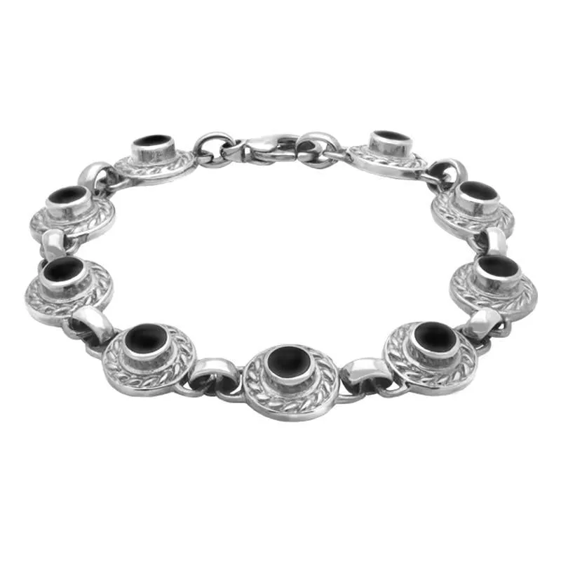 Sterling Silver Whitby Jet Nine Stone Round Rope Edge Bracelet sold by Jura Watches