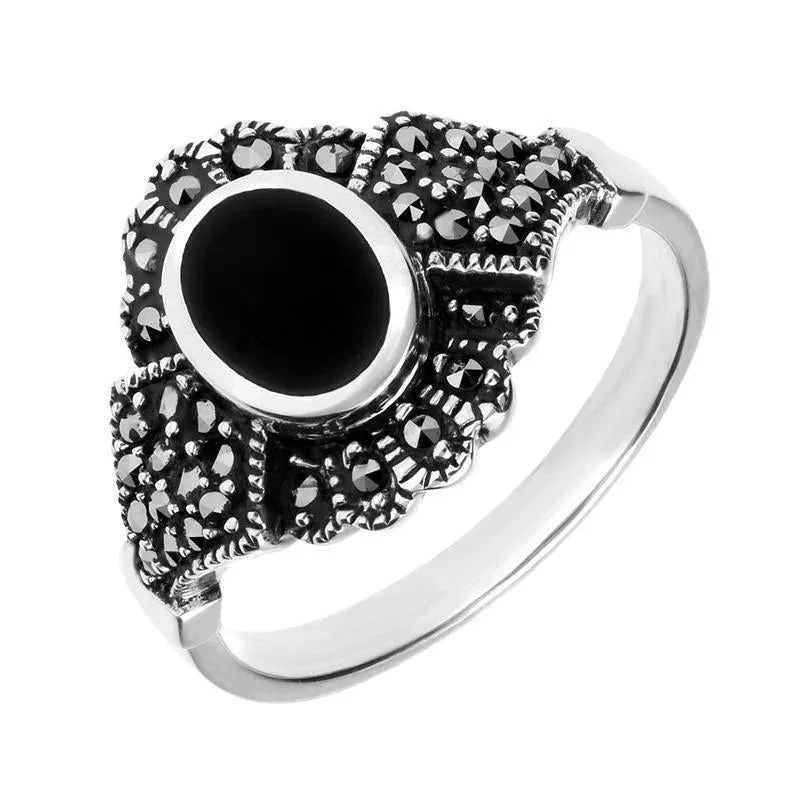 Sterling Silver Whitby Jet Marcasite Oval Antique Ring sold by Jura Watches