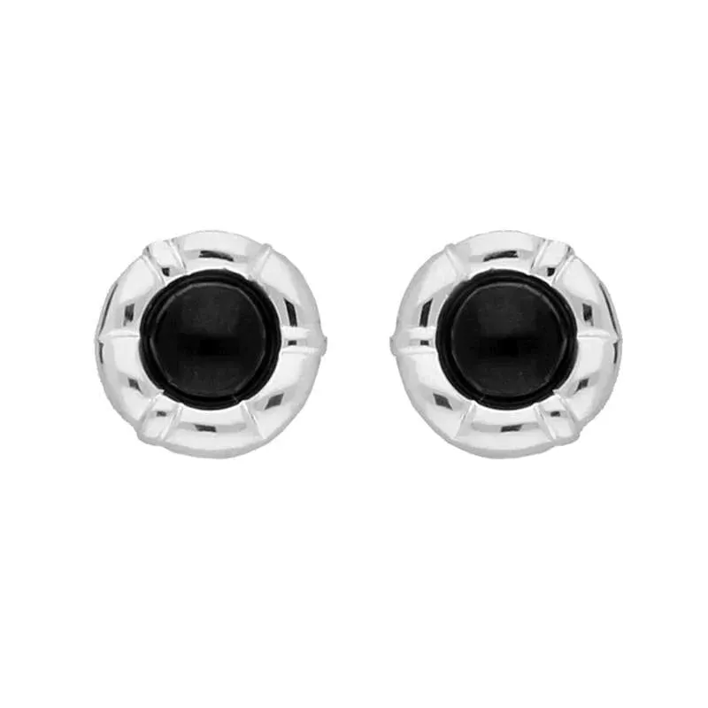 Sterling Silver Whitby Jet Ridged Circle Stud Earrings sold by Jura Watches