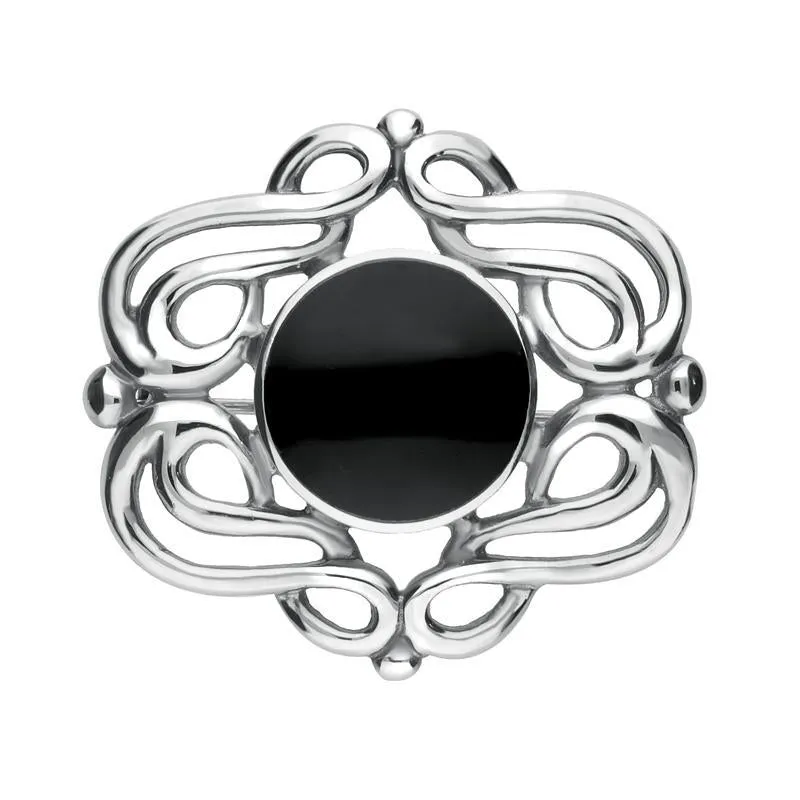 Sterling Silver Whitby Jet Round Fancy Swirl Brooch sold by Jura Watches