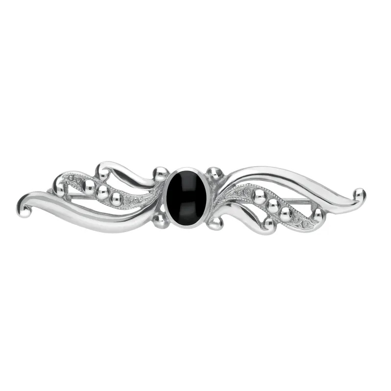 Sterling Silver Whitby Jet Scroll Bead Brooch sold by Jura Watches