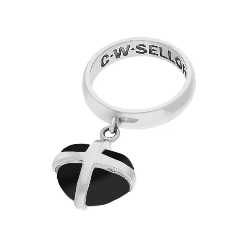 Sterling Silver Whitby Jet Small Cross Heart Dropper Ring sold by Jura Watches