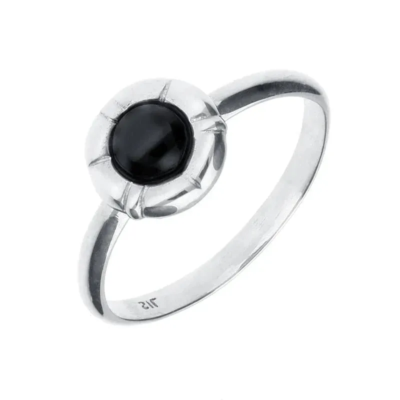 Sterling Silver Whitby Jet Stone In Ridged Circle Ring sold by Jura Watches