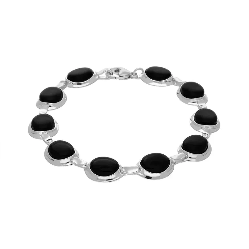 Sterling Silver Whitby Jet Ten Stone Oval Link Bracelet sold by Jura Watches