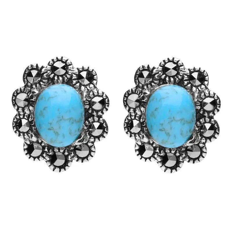 Sterling Silver Turquoise Marcasite Oval Beaded Edge Stud Earrings sold by Jura Watches