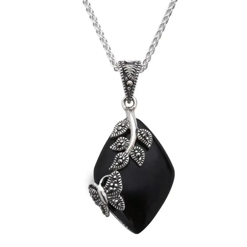 Sterling Silver Whitby Jet Marcasite Butterfly Leaf Necklace sold by Jura Watches