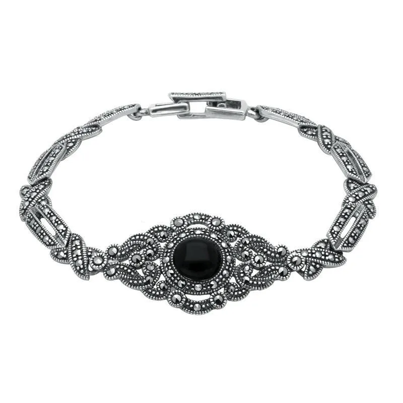 Sterling Silver Whitby Jet and Marcasite Fancy Tapered Bracelet sold by Jura Watches