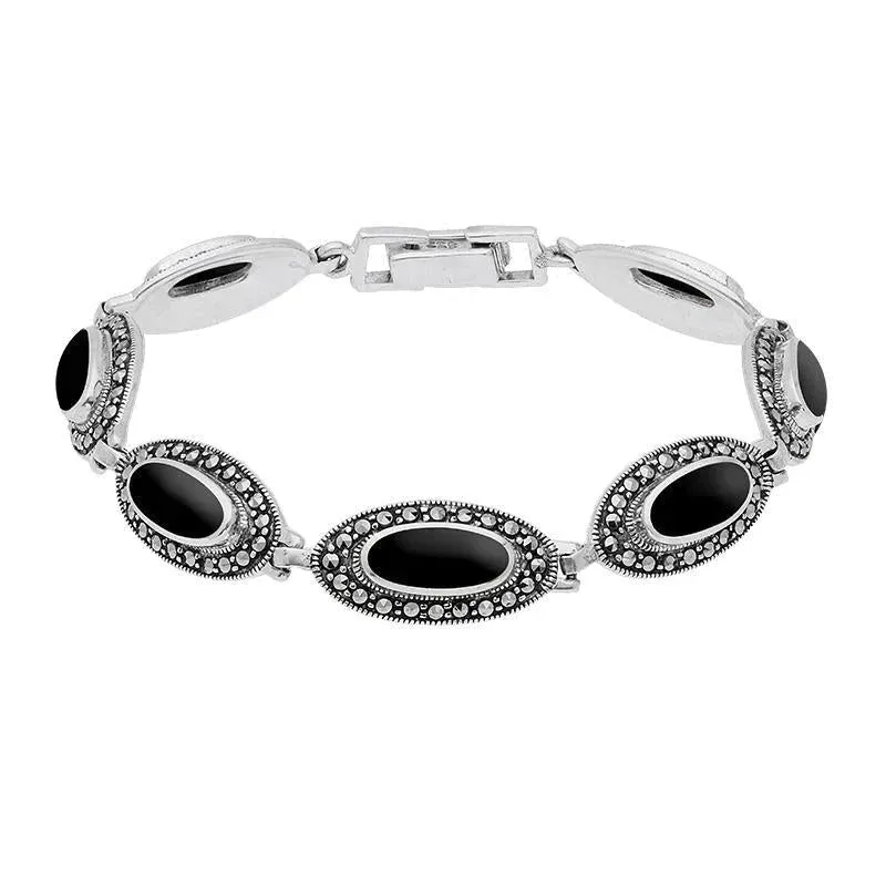Sterling Silver Whitby Jet Marcasite Slim Oval Link Bracelet sold by Jura Watches