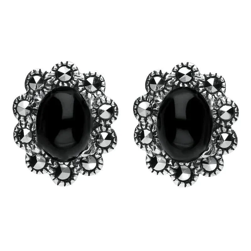 Sterling Silver Whitby Jet Marcasite Oval Beaded Edge Stud Earrings sold by Jura Watches