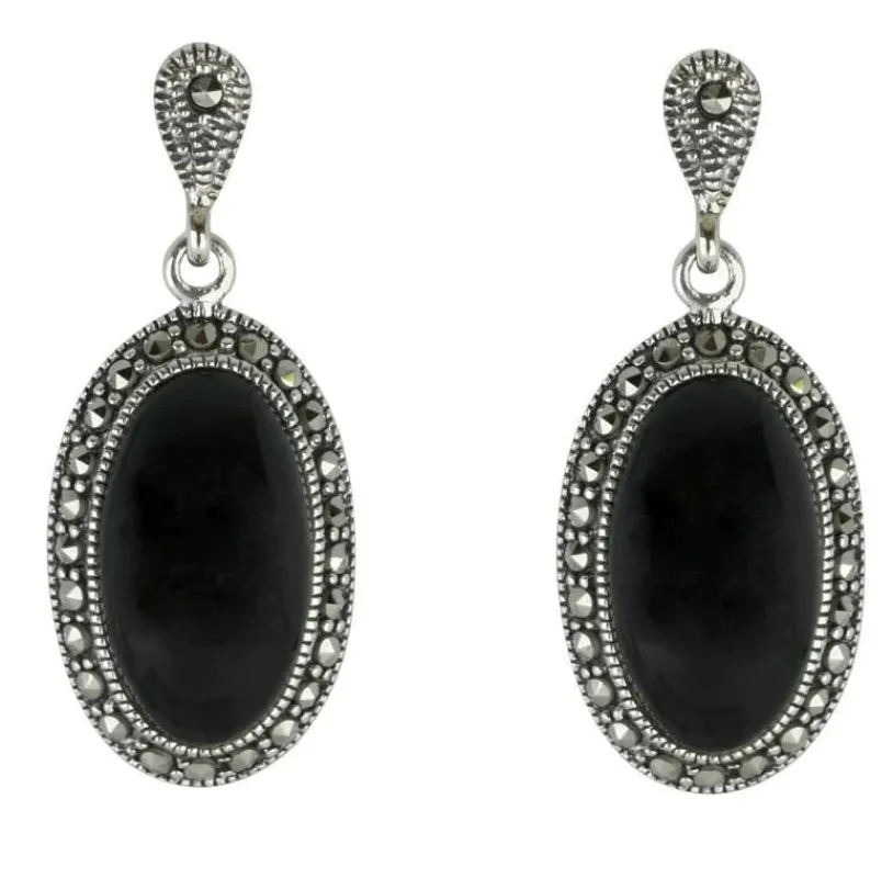 Sterling Silver Whitby Jet Marcasite Oval Star Back Drop Earrings sold by Jura Watches