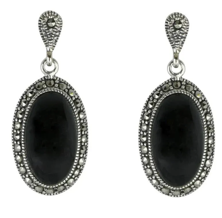 Sterling Silver Whitby Jet Marcasite Oval Star Back Drop Earrings sold by Jura Watches