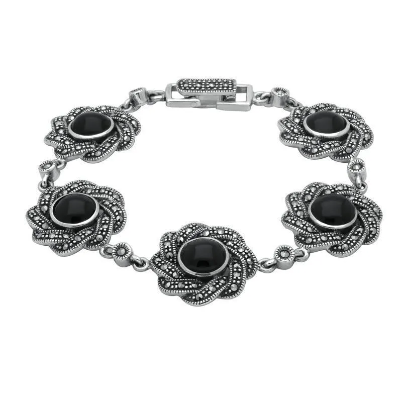 Sterling Silver Whitby Jet & Marcasite Twisted Ribbon Bracelet sold by Jura Watches