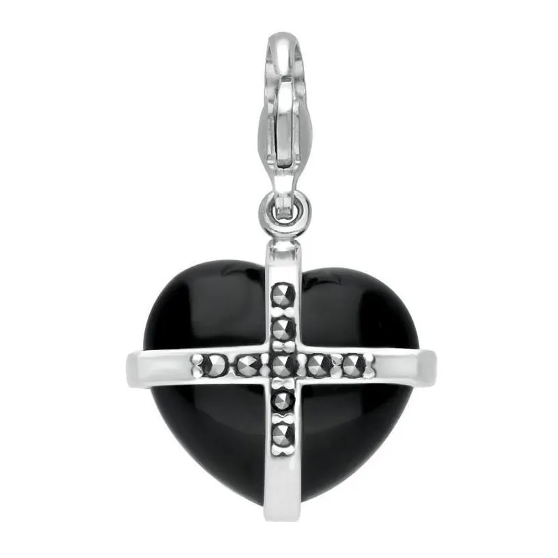 Sterling Silver Whitby Jet Marcasite Medium Cross Heart Charm sold by Jura Watches