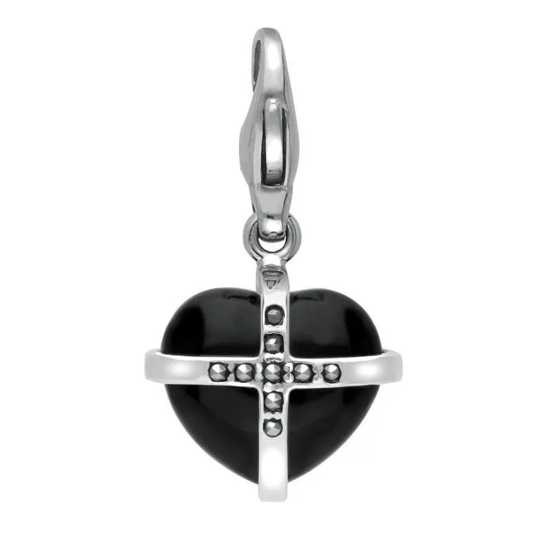 Sterling Silver Whitby Jet Marcasite Small Cross Heart Charm sold by Jura Watches
