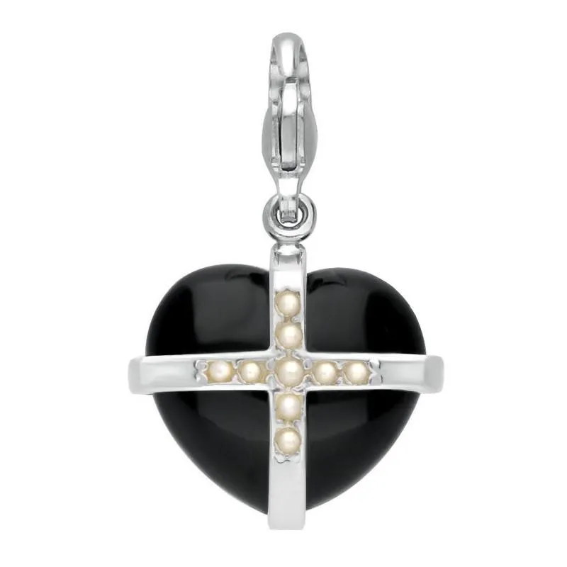 Sterling Silver Whitby Jet Nine Pearl Medium Cross Heart Charm sold by Jura Watches
