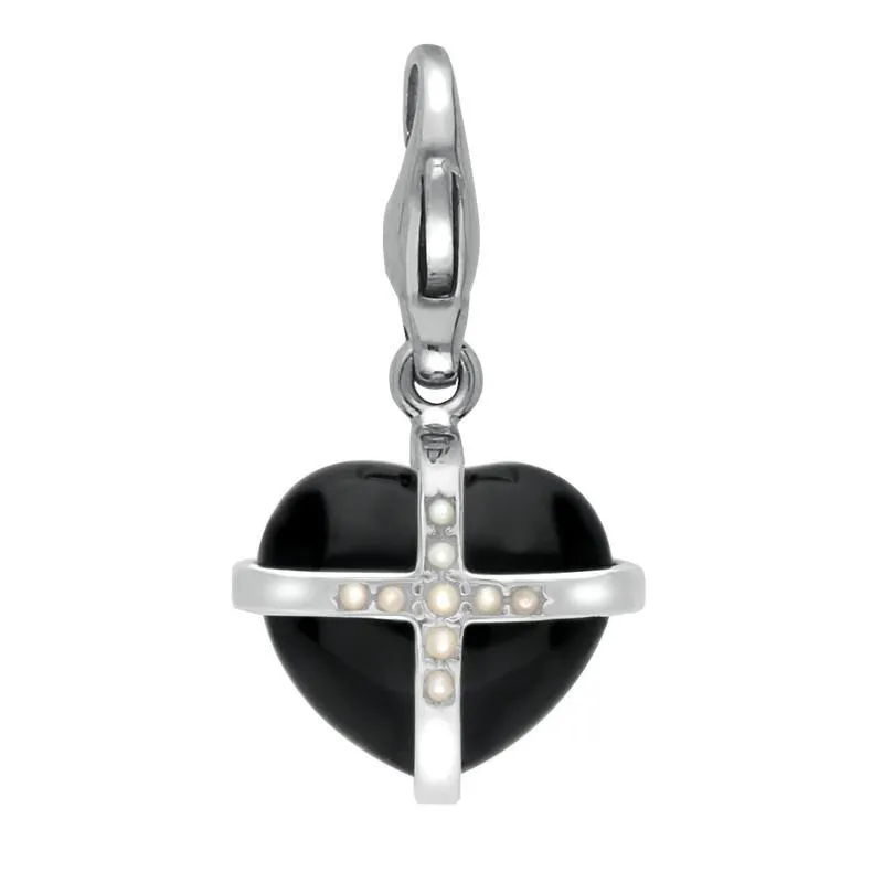 Sterling Silver Whitby Jet Nine Pearl Small Cross Heart Charm sold by Jura Watches