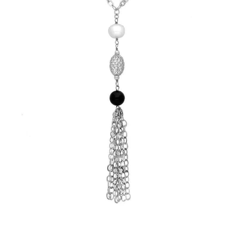 Sterling Silver Whitby Jet Pearl Two Stone Tassel Necklace D sold by Jura Watches