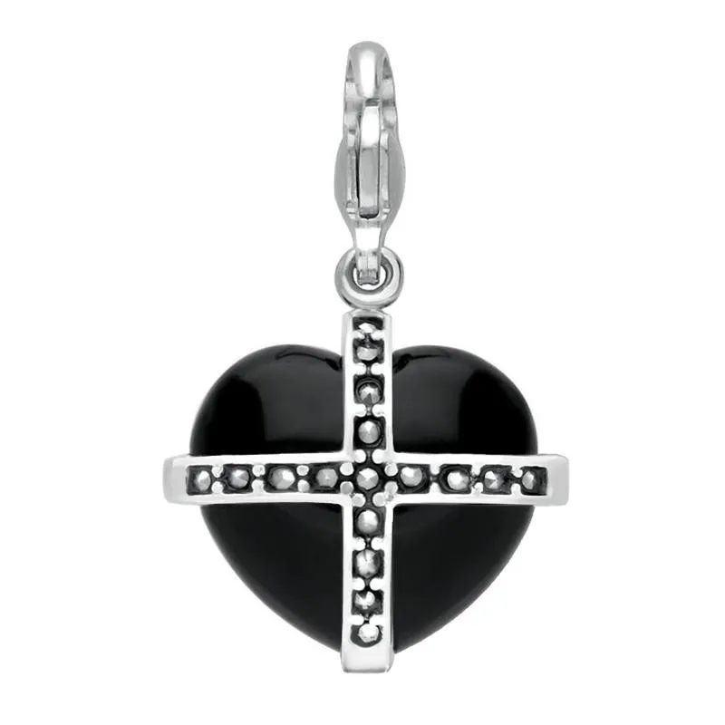 Sterling Silver Whitby Jet Seventeen Marcasite Medium Cross Heart Charm sold by Jura Watches