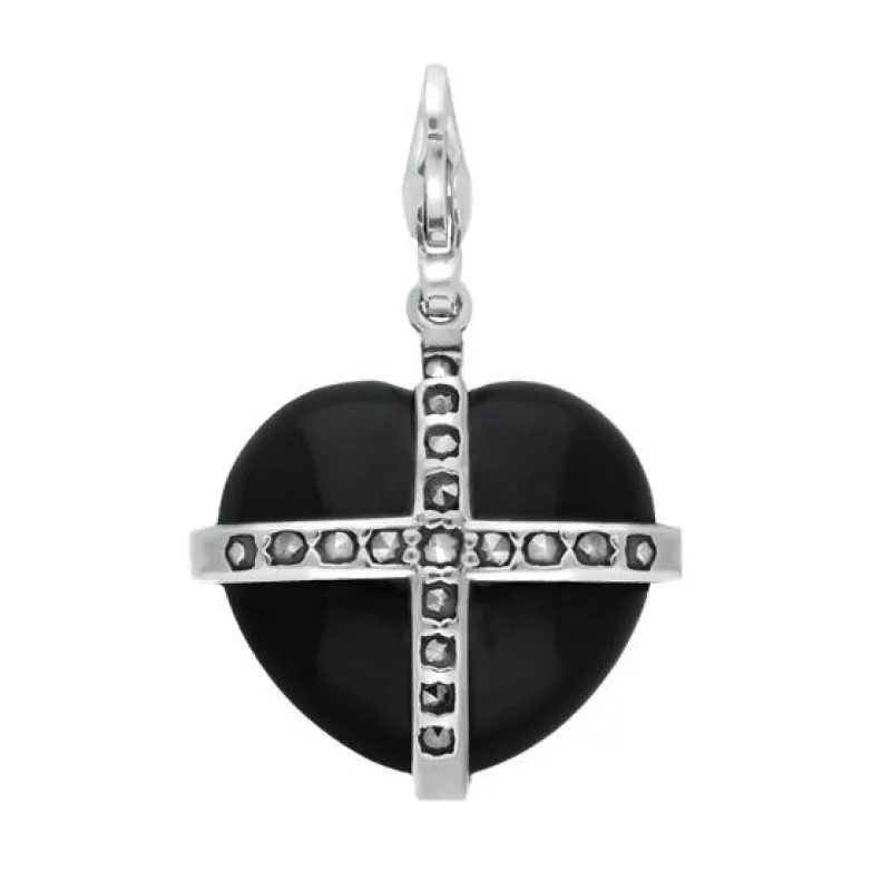 Sterling Silver Whitby Jet Marcasite Small Cross Heart Charm sold by Jura Watches