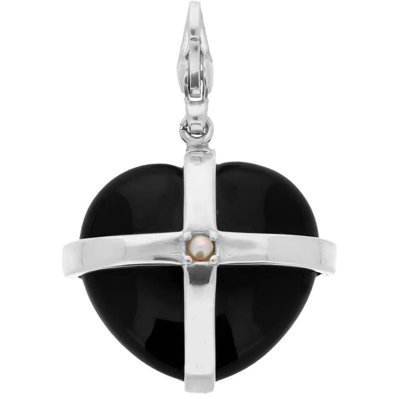 Sterling Silver Whitby Jet and Single Pearl Large Cross Heart Charm sold by Jura Watches