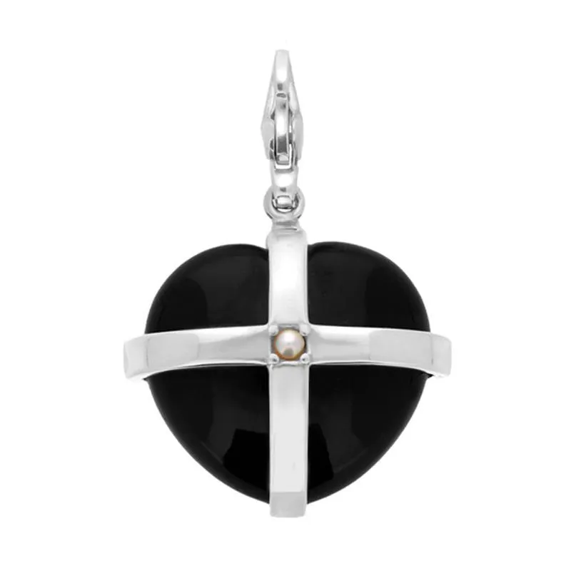 Sterling Silver Whitby Jet Single Pearl Small Cross Heart Charm sold by Jura Watches