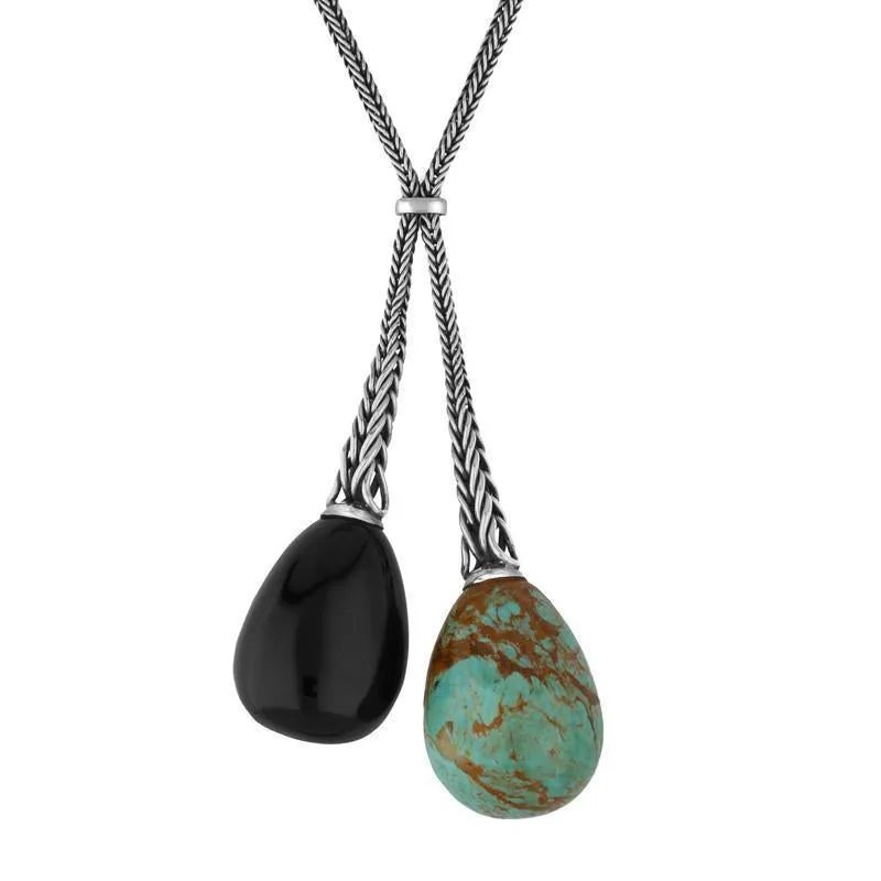 Sterling Silver Whitby Jet & Turquoise Tapered Double Dropper Necklace D sold by Jura Watches