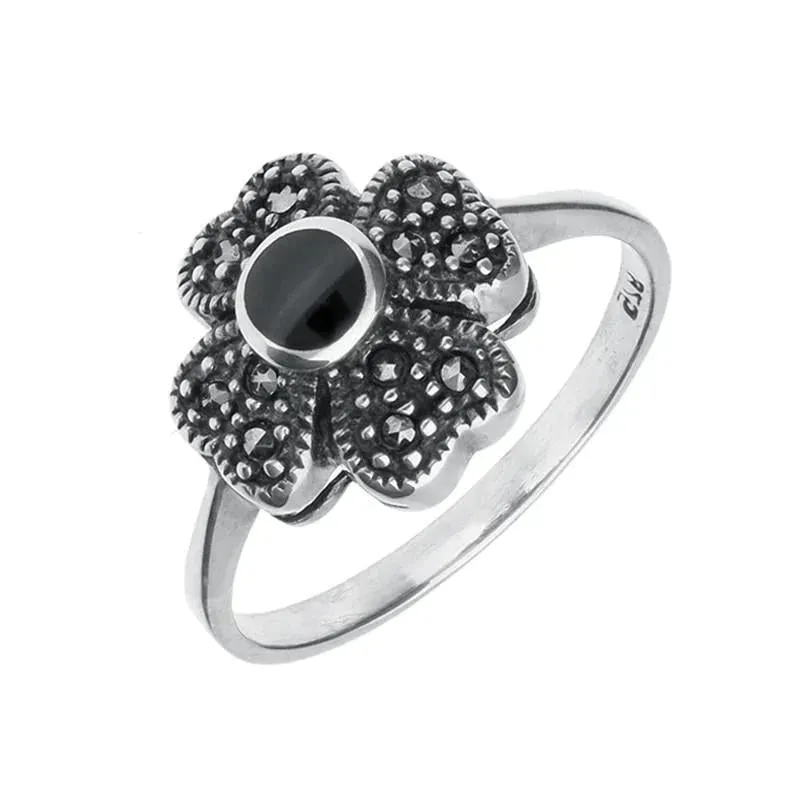 Sterling Silver Whitby Jet Marcasite Small Flower Ring sold by Jura Watches
