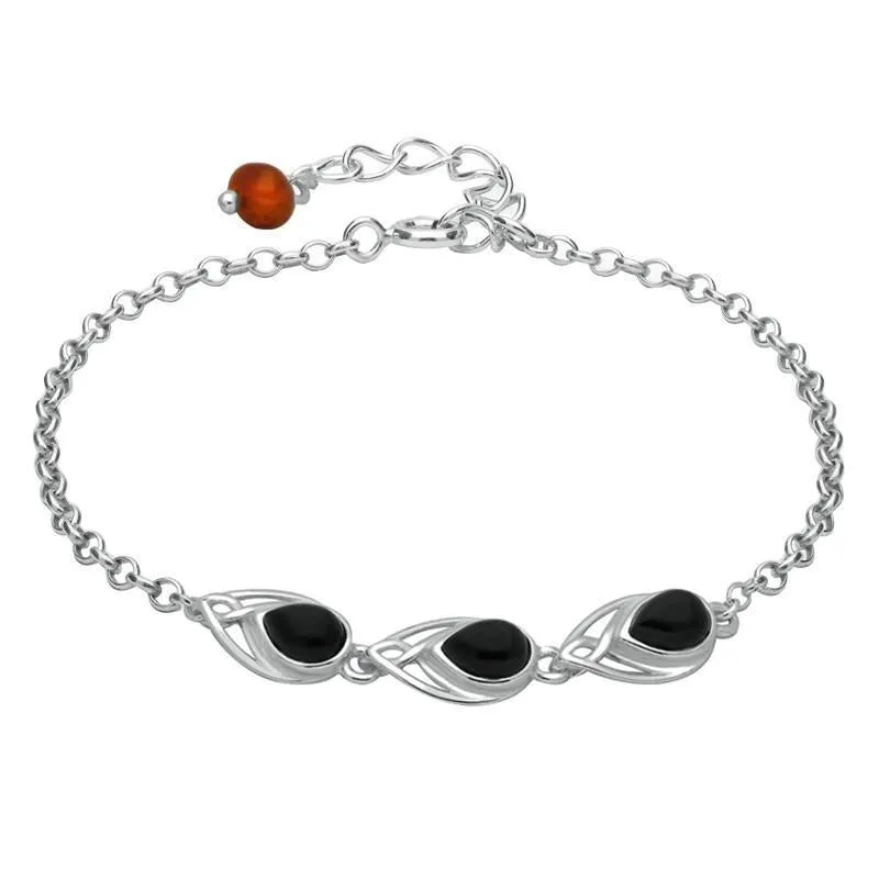 Sterling Silver Whitby Jet Amber Three Stone Pear Bracelet sold by Jura Watches