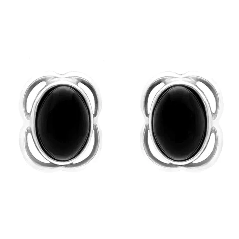 Sterling Silver Whitby Jet Oval Flower Stud Earrings sold by Jura Watches