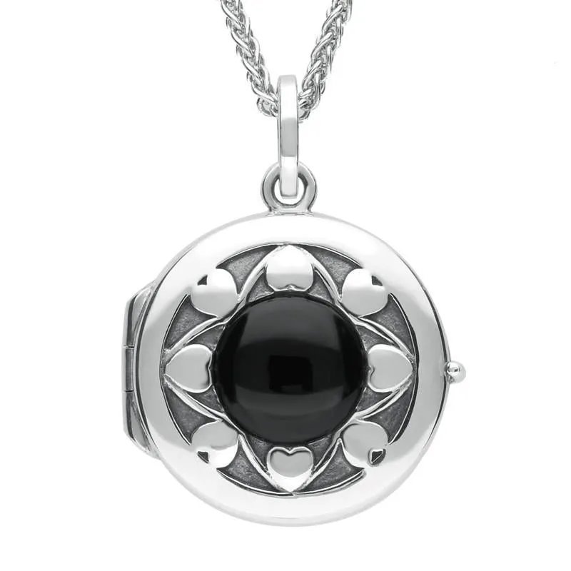 Sterling Silver Whitby Jet Heart Edge Circular Locket sold by Jura Watches