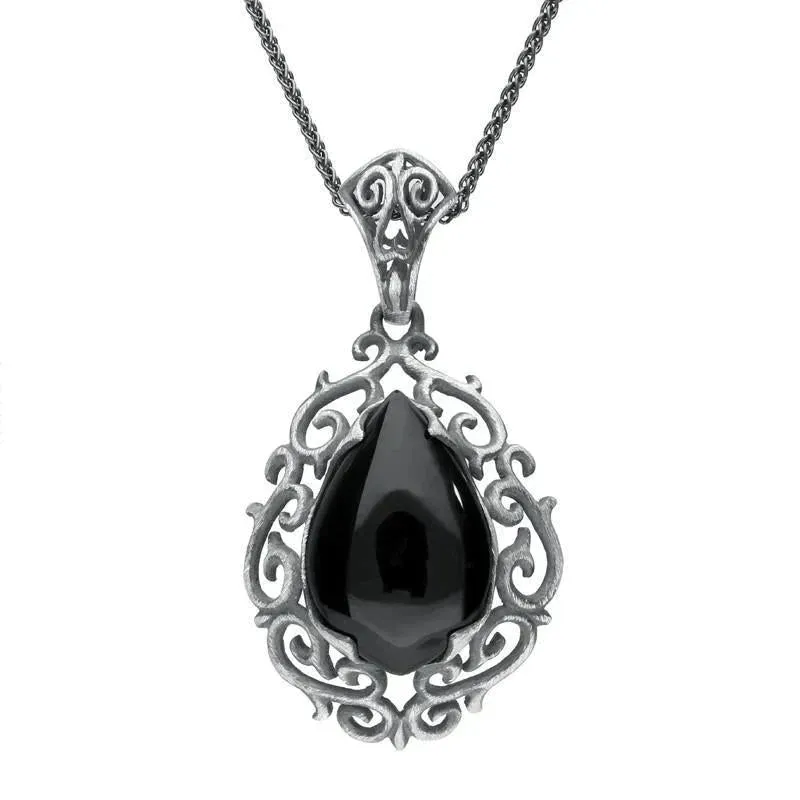 Sterling Silver Whitby Jet Ornate Carved Pear Necklace sold by Jura Watches