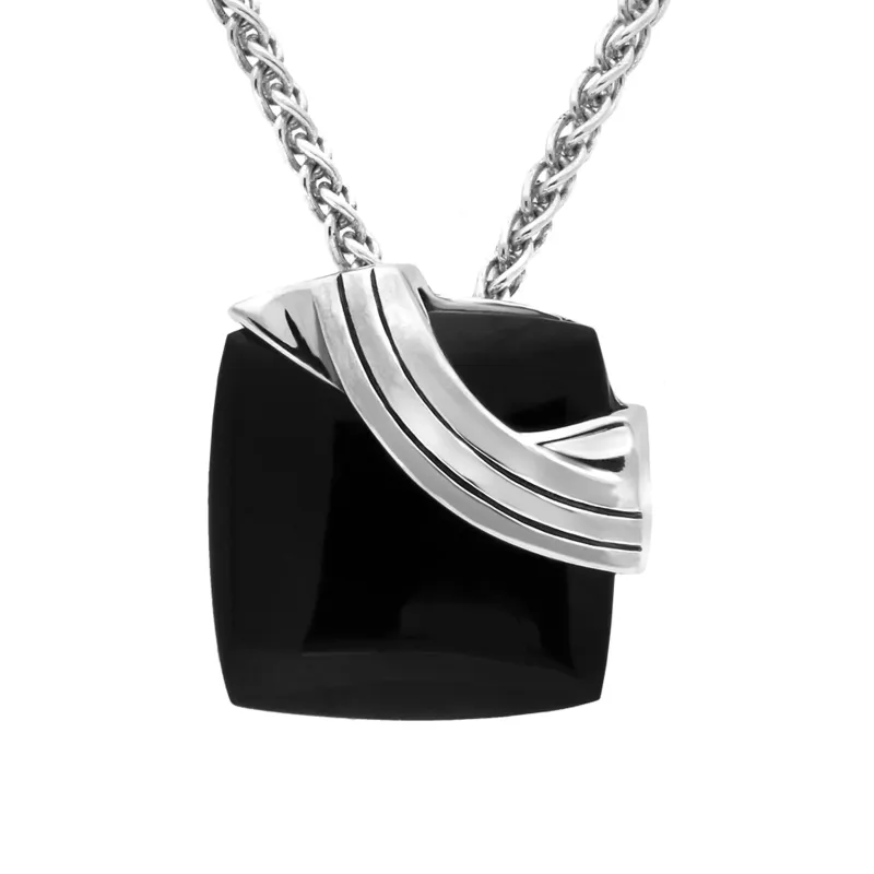 Sterling Silver Whitby Jet Ridged Edge Cushion Necklace sold by Jura Watches