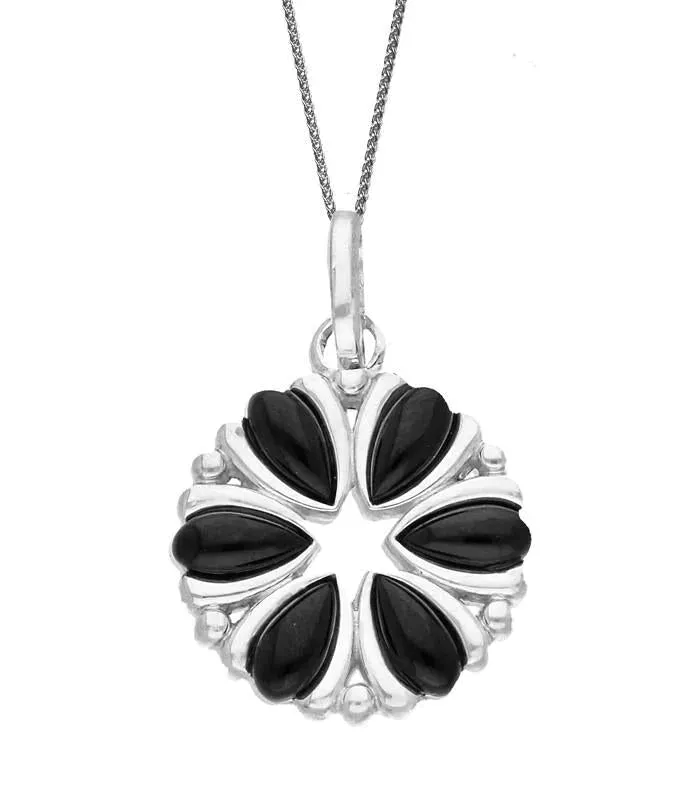 Sterling Silver Whitby Jet Six Stone Flower Necklace sold by Jura Watches