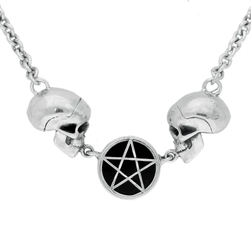 Sterling Silver Whitby Jet Skulls Pentagram In Circle Necklace sold by Jura Watches