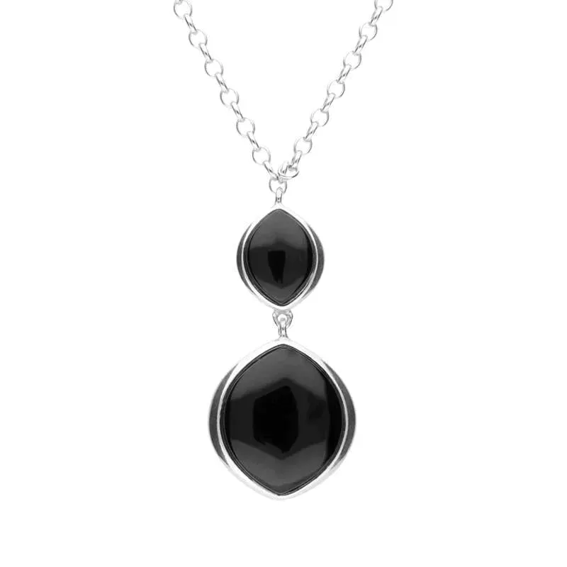 Sterling Silver Whitby Jet Three Stone Wide Marquise Drop Necklace sold by Jura Watches