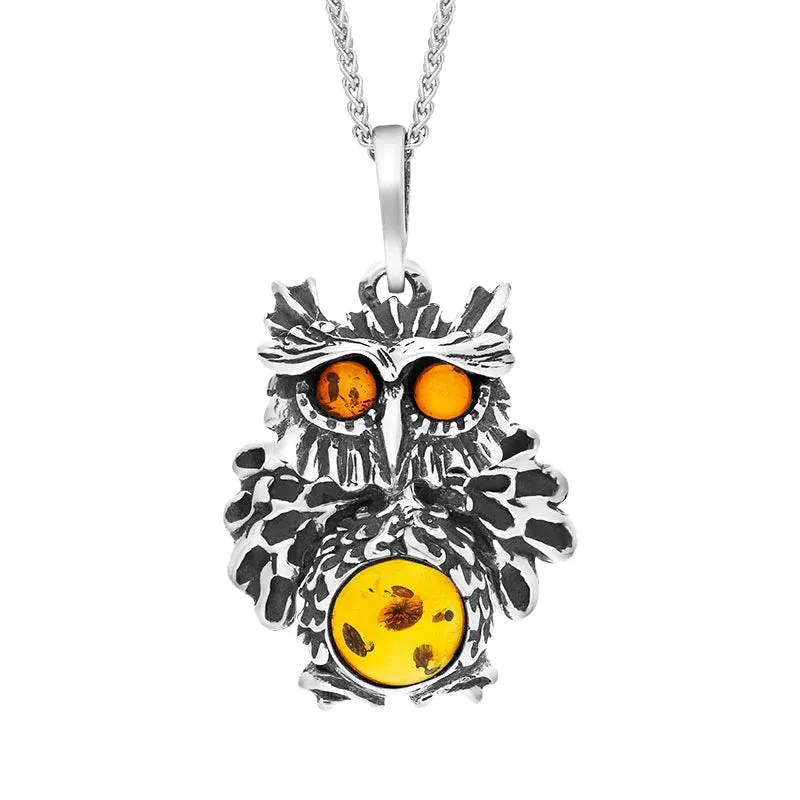 Sterling Silver Amber Moving Head Owl Necklace sold by Jura Watches