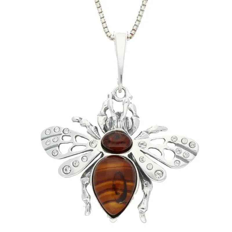 Sterling Silver Amber and Cubic Zirconia Wings Bee Medium Necklace sold by Jura Watches
