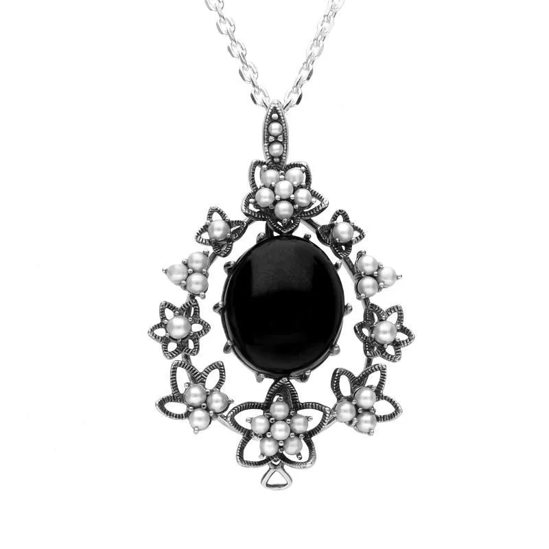 Sterling Silver Whitby Jet & Pearl Edge Flower Necklace sold by Jura Watches