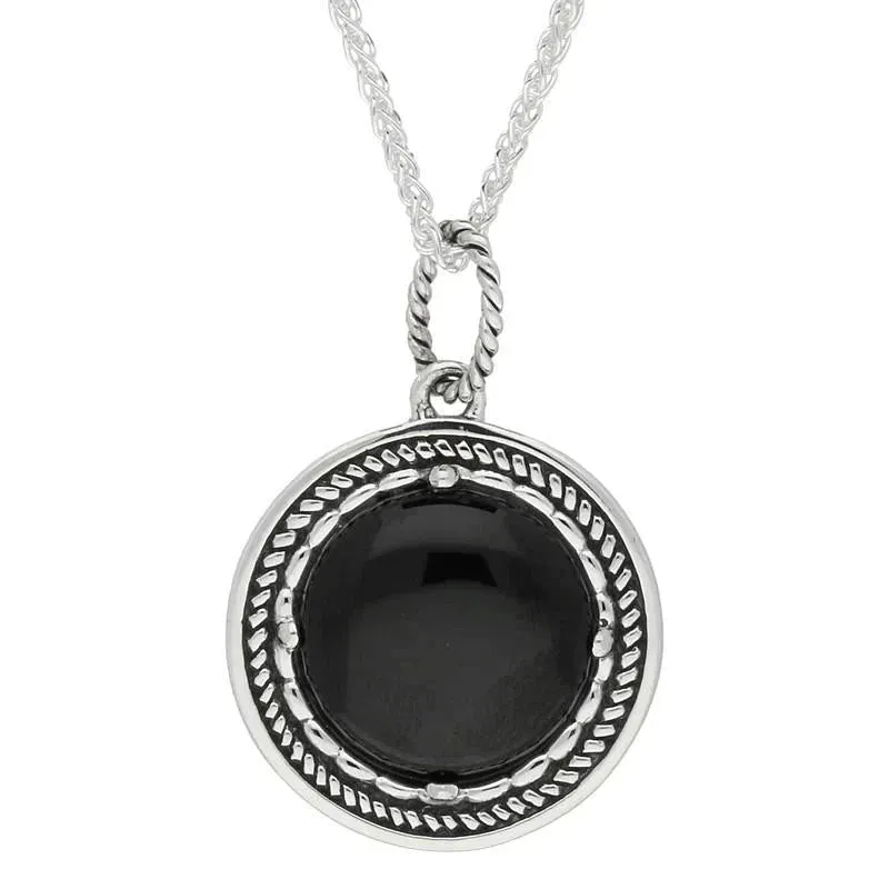 Sterling Silver Whitby Jet Circle Stone Oxidised Large Necklace sold by Jura Watches