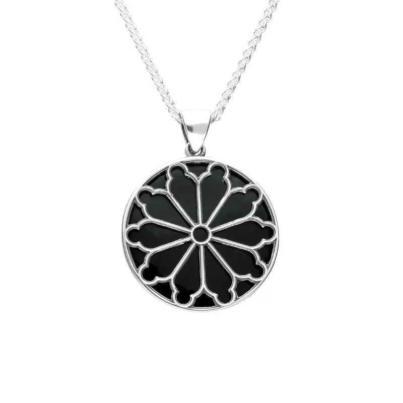 Sterling Silver Whitby Jet Abbey Window Round Small Necklace sold by Jura Watches