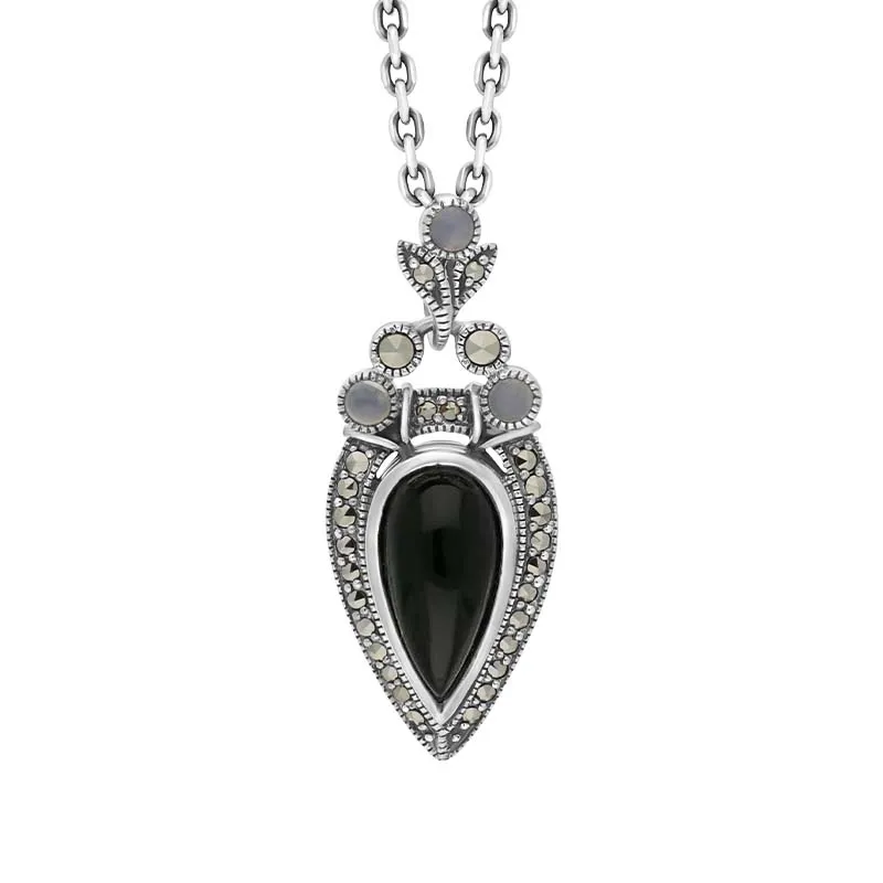 Sterling Silver Whitby Jet Marcasite Moonstone Upside Down Pear Necklace sold by Jura Watches