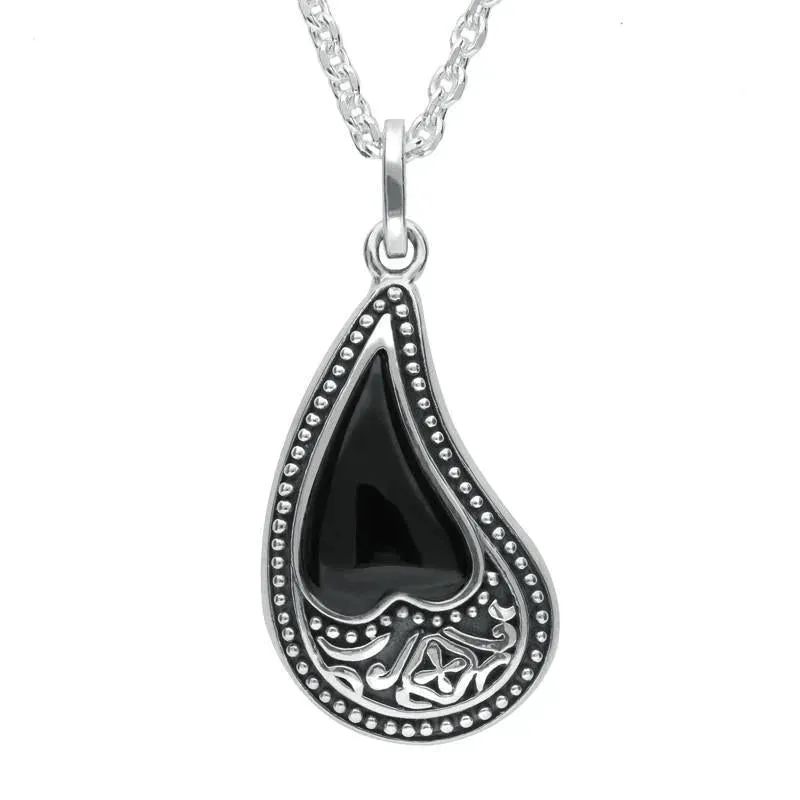 Sterling Silver Whitby Jet Pattern Curved Heart Necklace sold by Jura Watches