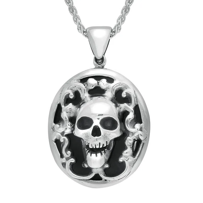 Sterling Silver Whitby Jet Small Oval Skull Necklace sold by Jura Watches