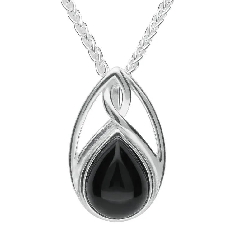 Sterling Silver Whitby Jet Pear Shaped Celtic Twist Drop Necklace sold by Jura Watches
