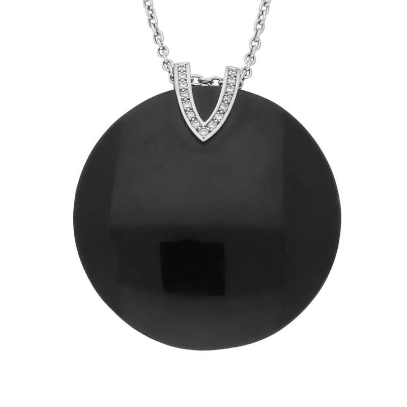 Platinum Diamond and Whitby Jet V Top Large Disc Necklace made by C.W. Sellors