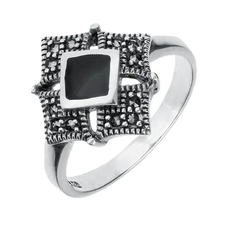 Sterling Silver Whitby Jet Marcasite Square Centre Beaded Edge Ring sold by Jura Watches