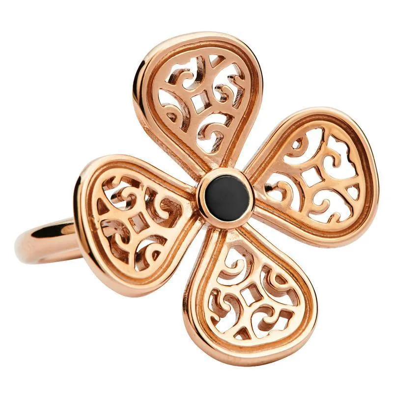 9ct Rose Gold Whitby Jet Flore Four Petal Filigree Ring sold by Jura Watches