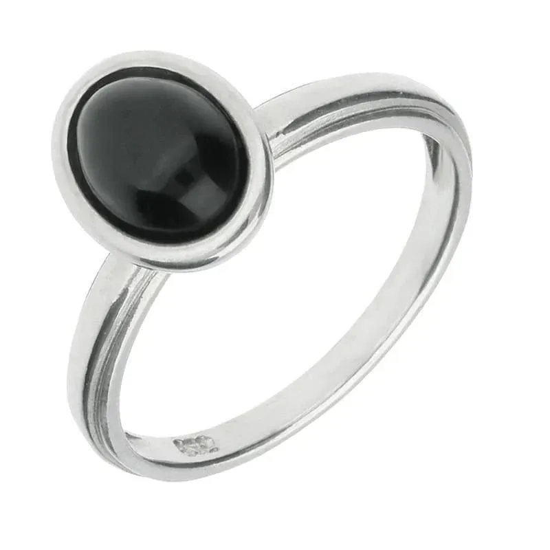 Sterling Silver Whitby Jet Oval Plain Shank Stacking Ring sold by Jura Watches
